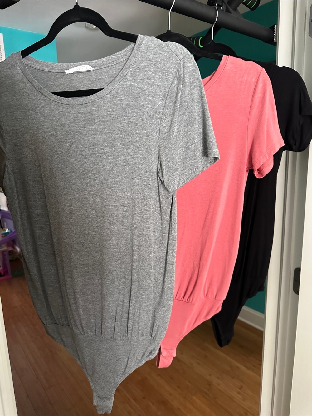 Elodie Short-Sleeve Bodysuit Trio in Gray, Coral, and Black
